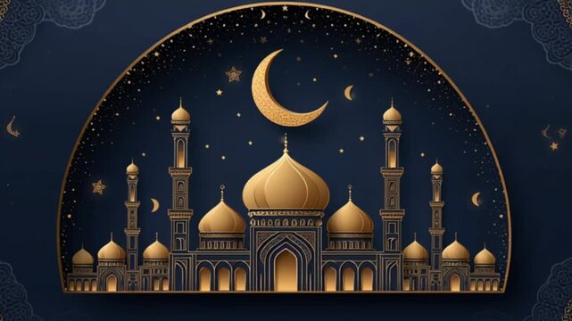 A golden mosque and minarets under a crescent moon and stars