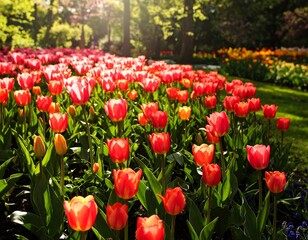 Fototapeta premium Vibrant tulip field bathed in sunlight