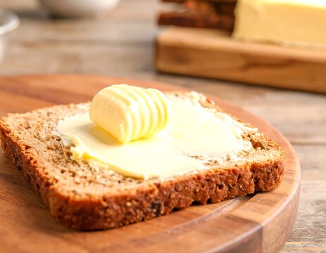 Sliced bread with butter on wooden board (1)
