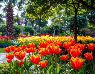 Vibrant tulip garden in full bloom