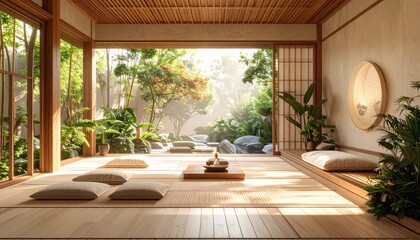 Fototapeta premium Tranquil Zen Living Space with Natural Light and Plants