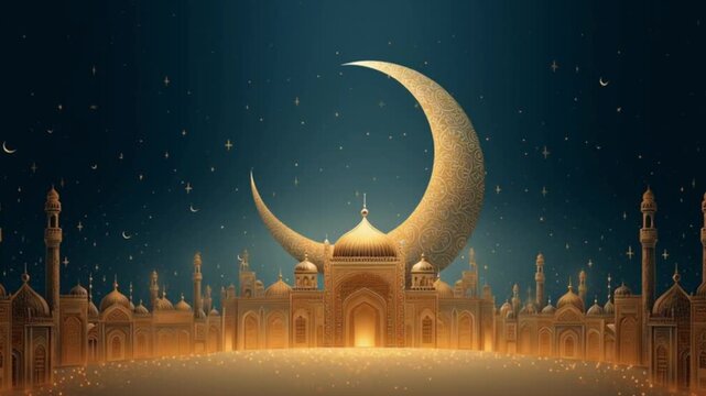 Golden mosque buildings sit beneath a patterned crescent moon in a dark starlit sky