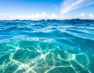 Clear turquoise ocean water meets a bright blue sky