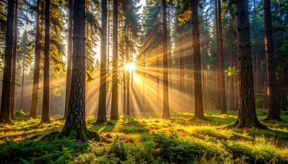 Fototapeta premium Sunlight Filtering Through Tall Trees in Vibrant Forest Landscape