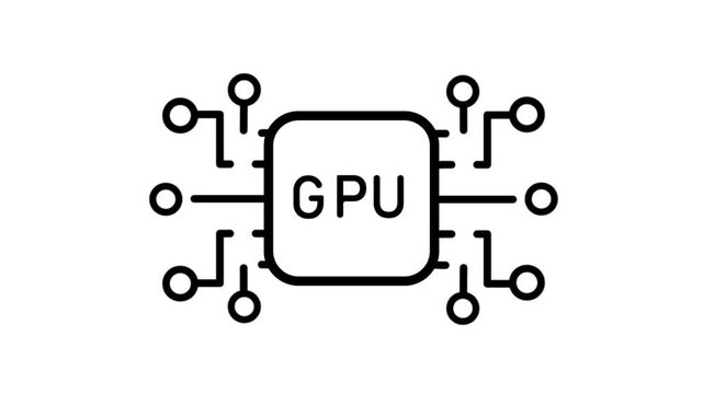 Black and White GPU Chip Icon with Connecting Lines and Circles on White Background graphics processing unit