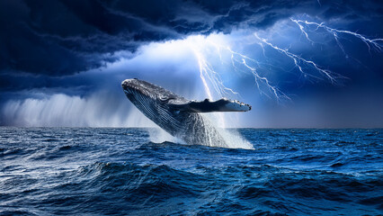 Fototapeta premium A whale soaring above stormy waves and dark thunderclouds, lightning illuminating its massive form, cinematic high-contrast tones of dark blue, silver, and white, dramatic mood, wide shot with storm t