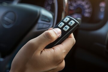 Hand Holding Car Control Buttons on Steering Wheel