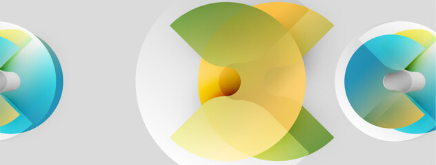 Abstract circles overlap, creating vibrant color gradients. Yellows, greens, blues blend seamlessly. Modern design, simple shapes.