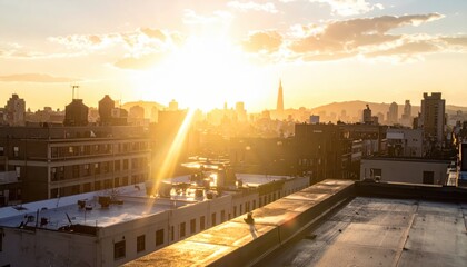 Fototapeta premium Stunning Sunset Over City Skyline with Warm Golden Light