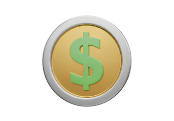 Obraz premium Glowing green dollar sign inside a golden coin with a white border isolated on transparent background