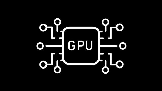White outline of aGPU chip with connecting lines and circles on a black background graphics processing unit