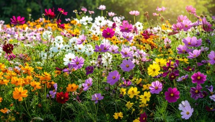Obraz premium Vibrant cosmos flower field in sunlight