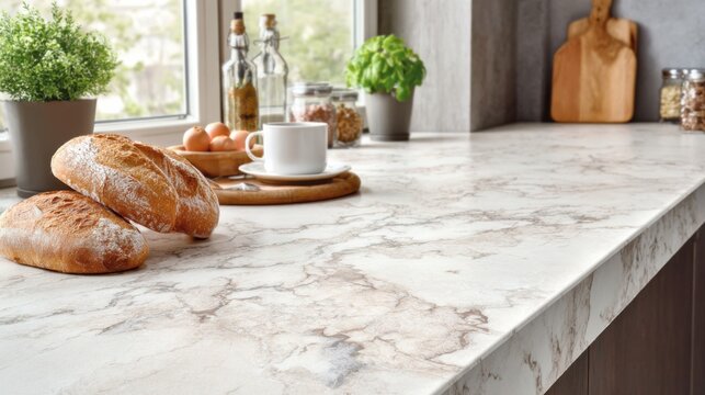 Fresh Baked Bread on Elegant Kitchen Counter with Natural Light