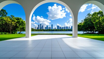 Naklejka premium Serene Park Archway View Modern City Skyline with Lush Greenery, and Sunny Day.