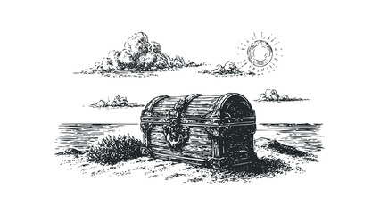 Antique chest with ornate metalwork sits on a sandy shore under a bright sun and clouds. Vector hand drawn illustration