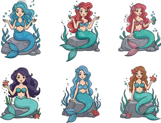 Beautiful mermaid cartoon sitting on rock, fantasy sea princess illustration, ocean character artwork, underwater magical girl drawing, aquatic fairytale design