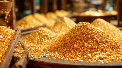 Piles of processed gold nuggets and flakes are shown in a modern processing plant or refinery.
