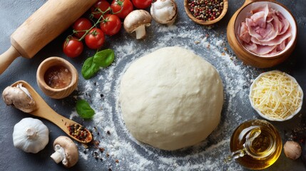 Fototapeta premium Fresh Pizza Ingredients with Dough, Vegetables, and Toppings Setup