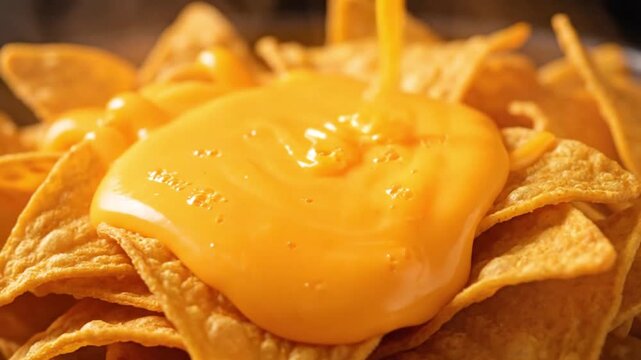 Warm, gooey melted cheddar cheese sauce being poured over a heaping pile of crispy corn tortilla chips
