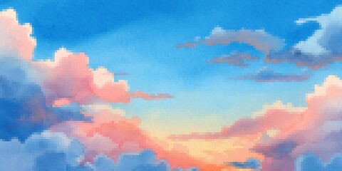 Abstract pixel art background of sky with clouds at sunset