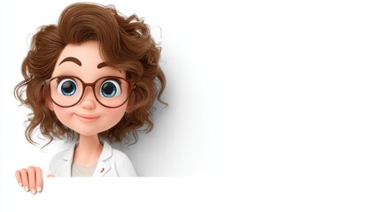 Friendly cartoon character in white coat with curly hair and glasses