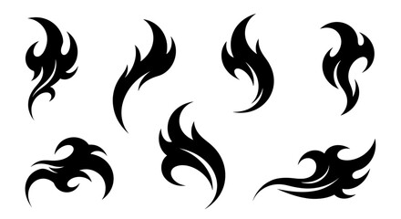 A collection of various abstract tribal style designs. Dynamic black silhouettes resembling fire flames and ocean waves, perfect for tattoos, logos and decals.