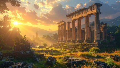 Obraz premium Majestic Ruins at Sunrise with Golden Light and Ancient Columns