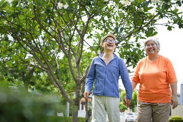 Happy senior Asian couple holding hands while walking in park, Joyful elderly man and woman enjoying a stroll together, Cheerful mature couple laughing during a leisurely outdoor walk