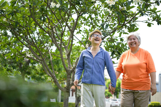Happy senior Asian couple holding hands while walking in park, Joyful elderly man and woman enjoying a stroll together, Cheerful mature couple laughing during a leisurely outdoor walk - Powered by Adobe