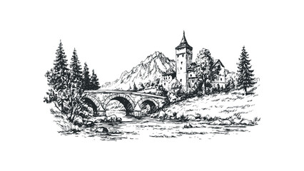 Sketch of a stone bridge and old buildings nestled among trees and mountains. Vector hand drawn illustration