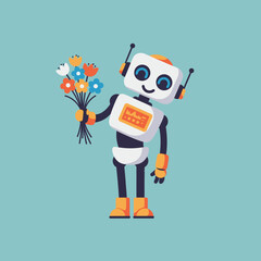 A cheerful robot holding a bouquet of flowers, symbolizing friendship and joy.
