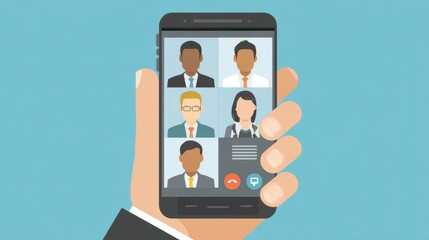 Hand Holding Smartphone Displaying Video Call with Multiple People