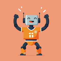 A cheerful robot in an orange sports uniform celebrating with raised arms.