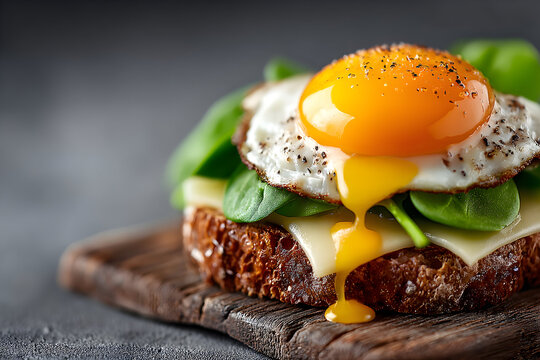 Fried egg and spinach on toasted bread with melted cheese