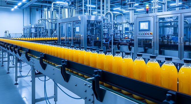Orange Juice Bottles on Conveyor Belt in Modern Food Processing Plant