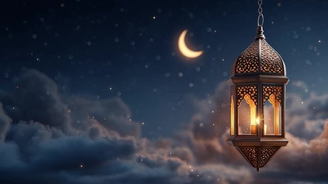 A glowing crescent moon illuminates a decorative lantern hanging against a starry cloudy night sky