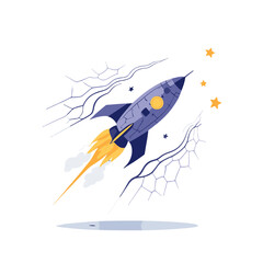  illustration of a rocket launching into space with stars and clouds
