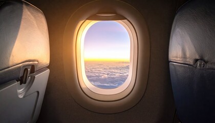 Serene View Through Airplane Window Over Clouds at Golden Sunrise