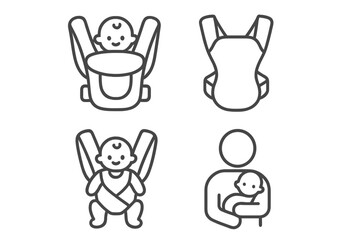 Baby carriers icon set. Parenting and child care essentials in line style. Vector illustration for babywearing, newborn, sling, parent holding infant, family accessories.