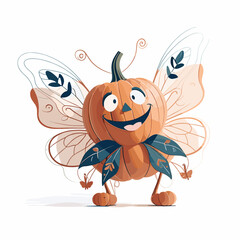 Whimsical Halloween pumpkin with butterfly wings and a cheerful face