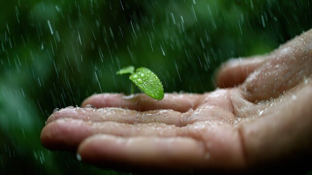 Close-up of a small lush green plant sprouting from a human hand under rain with vibrant greenery background du daytime