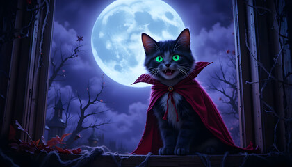 Black Cat in Red Cape Sitting on Windowsill with Full Moon &ndash; Halloween Fantasy Art