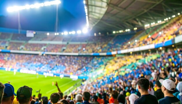 Blurred view of a packed stadium during a sporting event.  Crowd cheering, lights