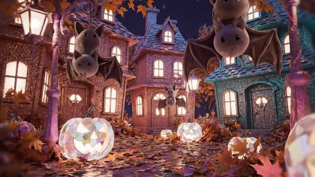 Coastal fantasy village where pumpkin shaped lanterns hang along candy striped docks and plush owls fly by bearing tiny glowing lights