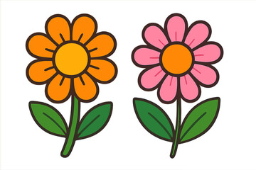 Obraz premium Bright vector cartoon flowers illustration. Cheerful and simple flat design with vibrant colors. Isolated floral graphic for children, sticker, or decor. Groovy 70s retro style.