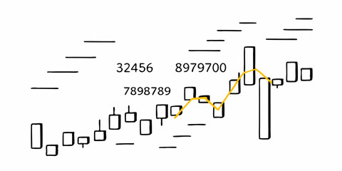 Illustration of a financial chart with candlesticks and a trend line showing market fluctuations on transparent background