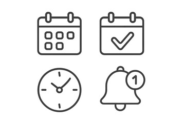 Calendar and reminder icon set. Schedule and notification icons in line style. Vector for time management, event planning, date, deadline, and appointment concepts.