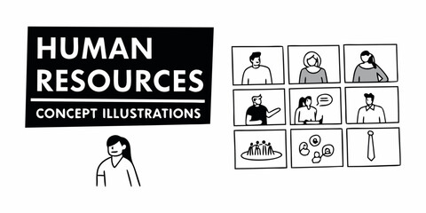Human resources concept illustrations with people in video conference and other related human resources icons on transparent background