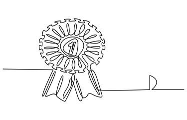 Single continuous line drawing of the best quality award badge with gold star winning medal illustration, Winning badge in one continuous line drawing. Symbol of a winner. Award winning ribbon minimal