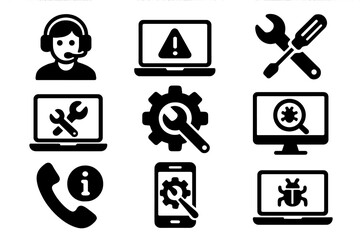 Tech support icon set. IT helpdesk, customer service line icons. Computer repair, phone fix, troubleshooting pictogram collection. Virus scan, bug removal, maintenance vector.